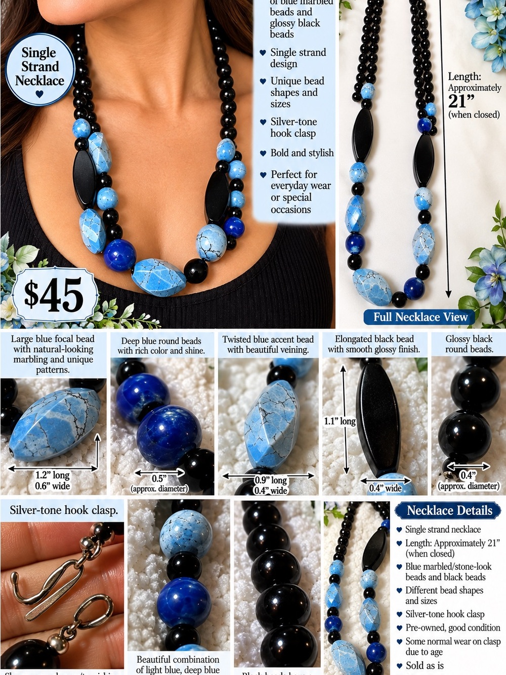 Blue Marbled Bead Necklace with Black Accents - Brand